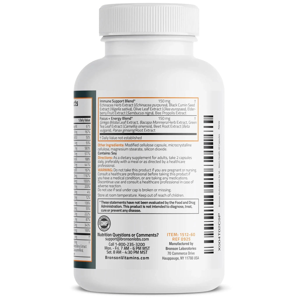 Bronson Multivitamin for Men All-in-One Daily Coverage Formula Key Vitamins, Minerals & Herbs to Support Men's Health, 60 Capsules Bronson Au supplements