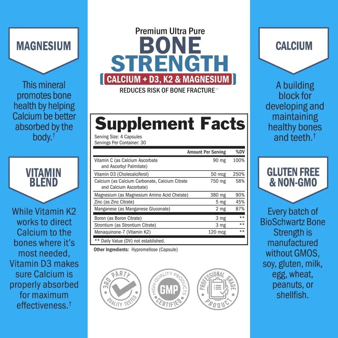Bone Strength Supplement with Calcium + D3, K2 & Magnesium - Highly Absorbable BioSchwartz Au supplements