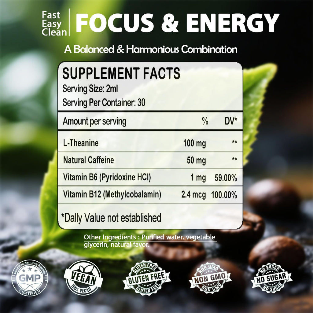 L Theanine Caffeine Liquid Drops, High Potency L-Theanine 100mg w. Caffeine Vitamin B12 B6, Natural Nootropic Brain for Smooth Energy Focus Alertness, 6X Stronger Than Pills Powder Gum WellVeraVida Au supplements