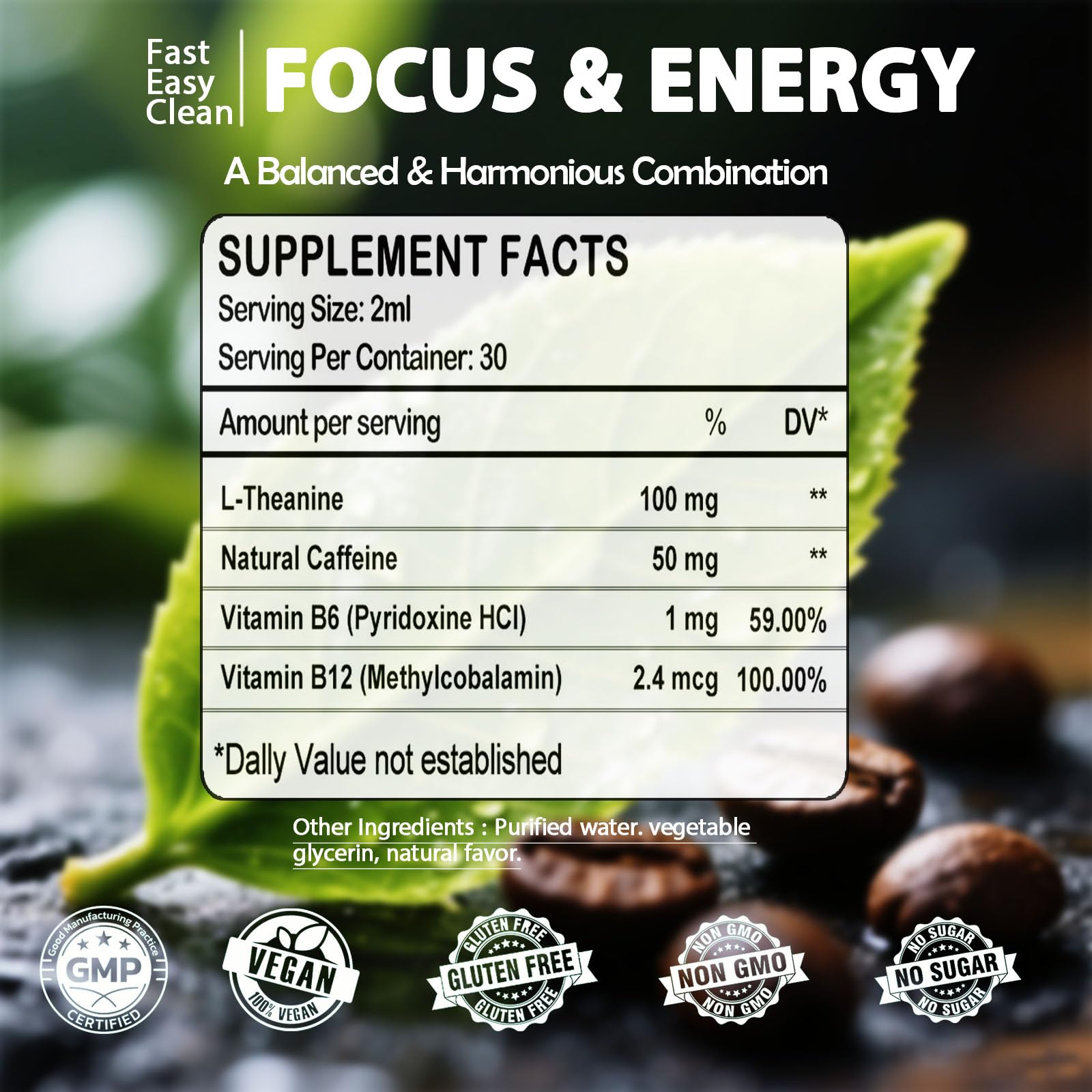 L Theanine Caffeine Liquid Drops, High Potency L-Theanine 100mg w. Caffeine Vitamin B12 B6, Natural Nootropic Brain for Smooth Energy Focus Alertness, 6X Stronger Than Pills Powder Gum WellVeraVida Au supplements