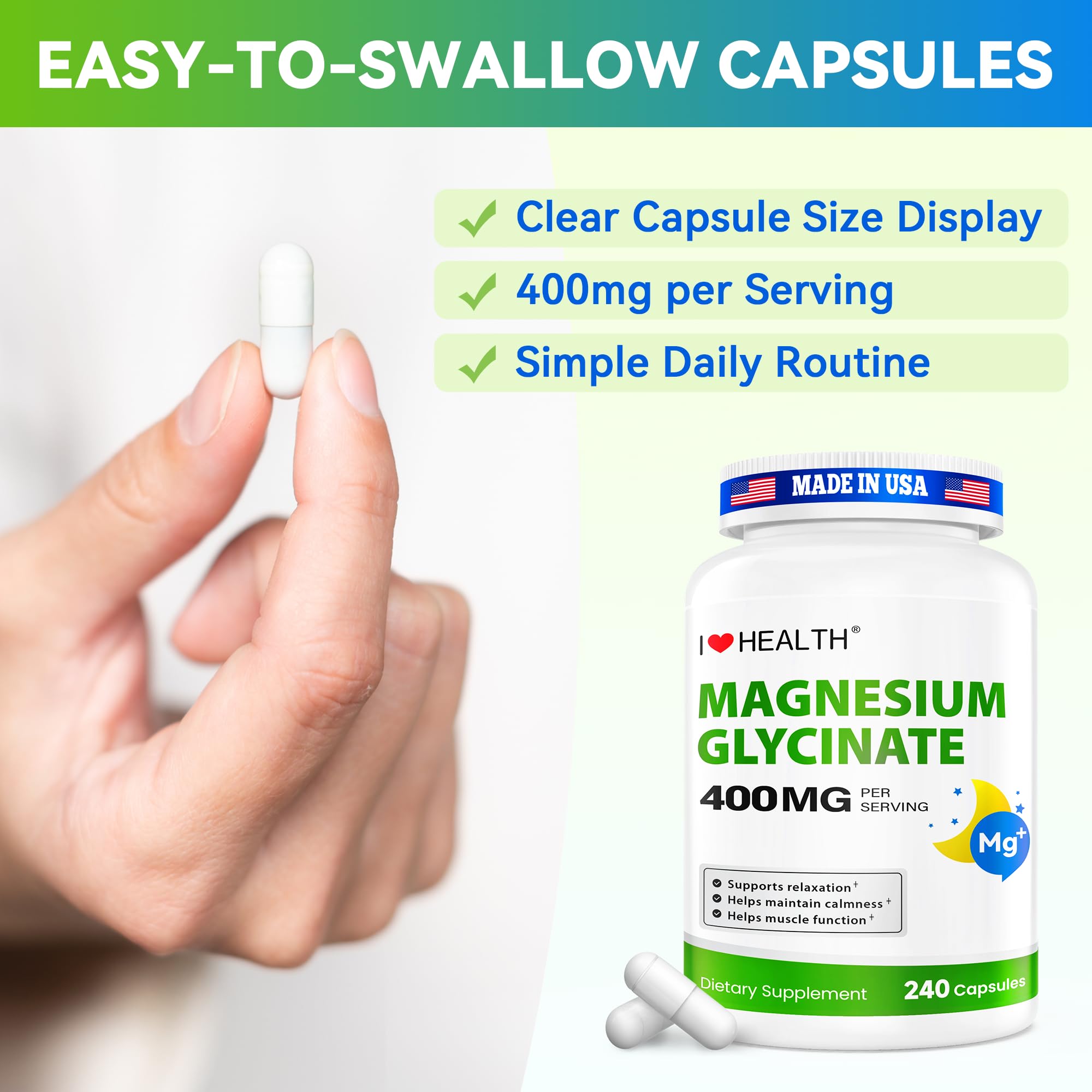 Magnesium Glycinate 400mg per Capsule – 240 Capsules – High Absorption Magnesium Supplement for Relaxation, Calmness & Muscle Support – Gentle on Stomach