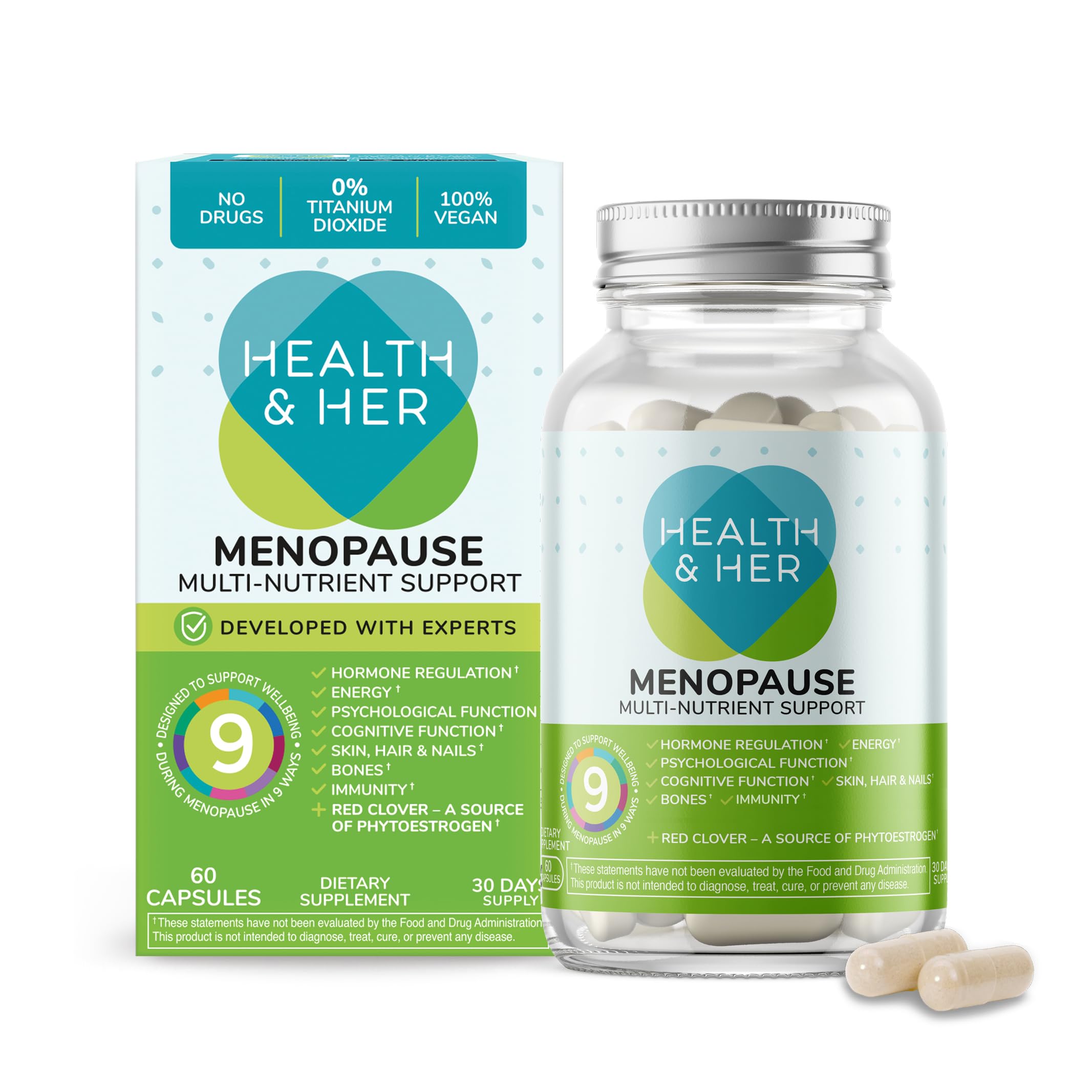 Health & Her Menopause Supplements for Women - Multi-Nutrient Support, Menopause Vitamins for Energy, Bones, Muscles, Skin & Hair, Vegan, Gluten-Free, Non GMO (60ct - 1 Month) Health and Her Au supplements