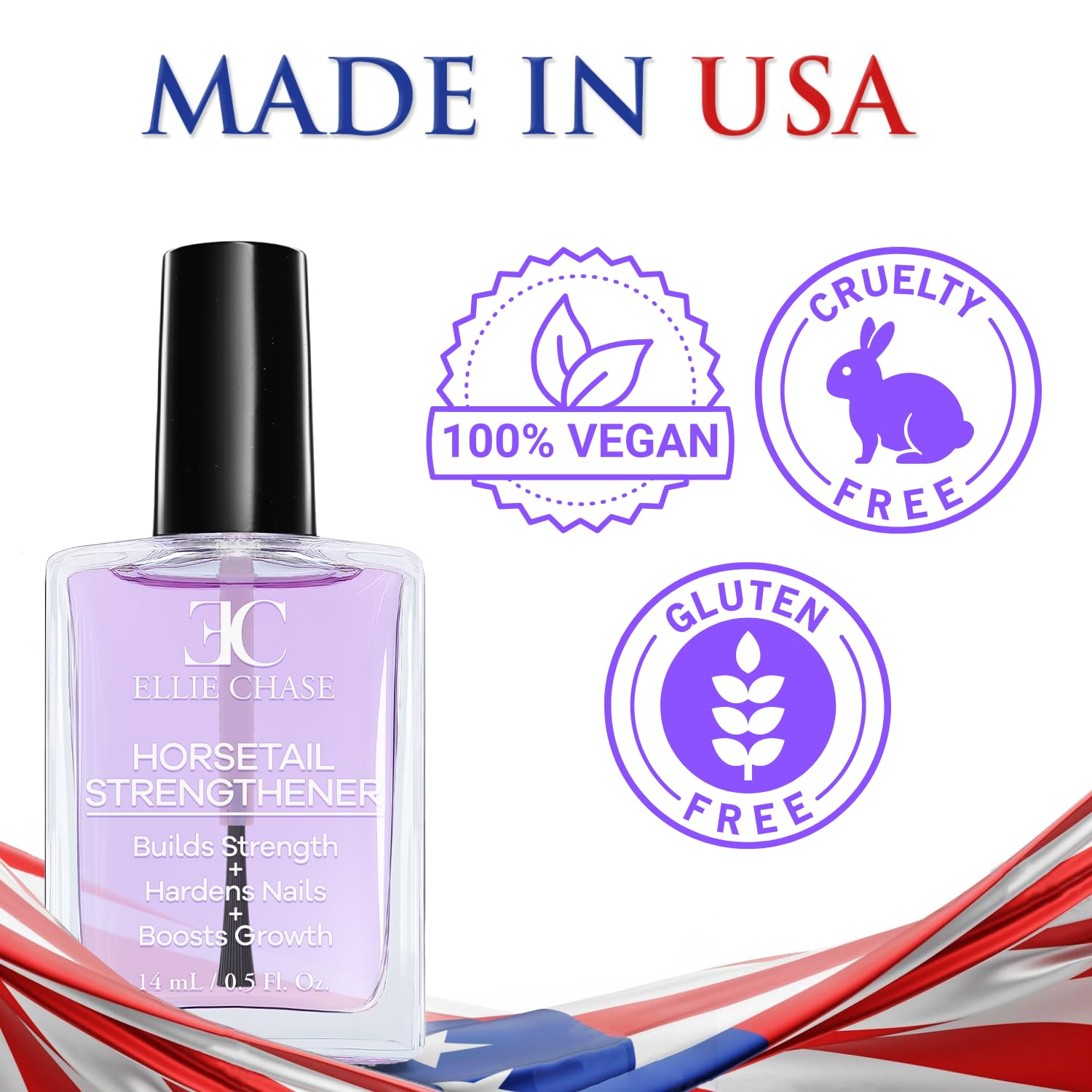 Ellie Chase Horsetail Nail Strengthener, Growth, Hardener, Repair Treatment Polish 0.5 OZ/Help Splits, Breaks, Thin, Weak