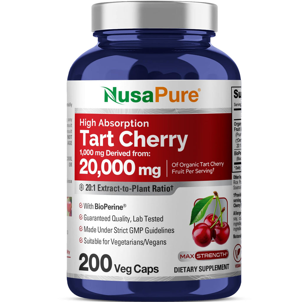 NusaPure Organic Tart Cherry 20:1 Extract, 1000 mg Equivalent to 20,000 mg 200 Veggie Caps (Vegan, Non-GMO) Bioperine NusaPure Au supplements