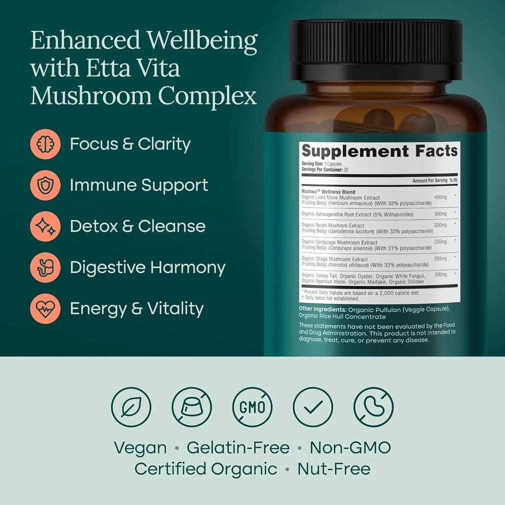 USDA Organic Lions Mane Supplement Capsules with Ashwagandha, Chaga, Reishi, Cordyceps, Turkey Tail (18,600mg/serv) 10x Adaptogenic Mushroom Complex as Focus Supplement - Energy, Immunity & Nootropic Etta Vita Au supplements