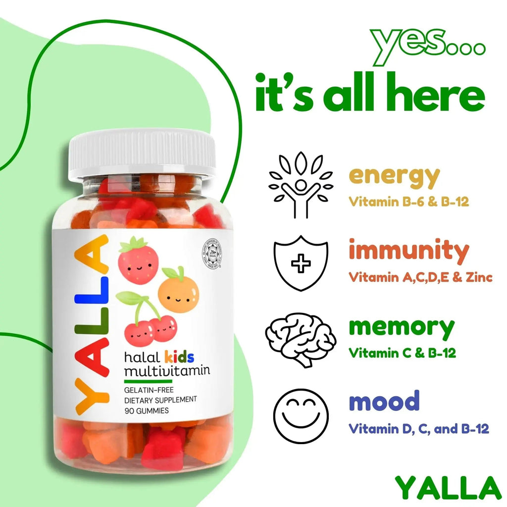 YALLA Halal Vitamins for Kids, Halal Kids Multivitamin Gummies, 45-90 Day Supply, Essential Vitamins with C, D3 YALLA Au supplements