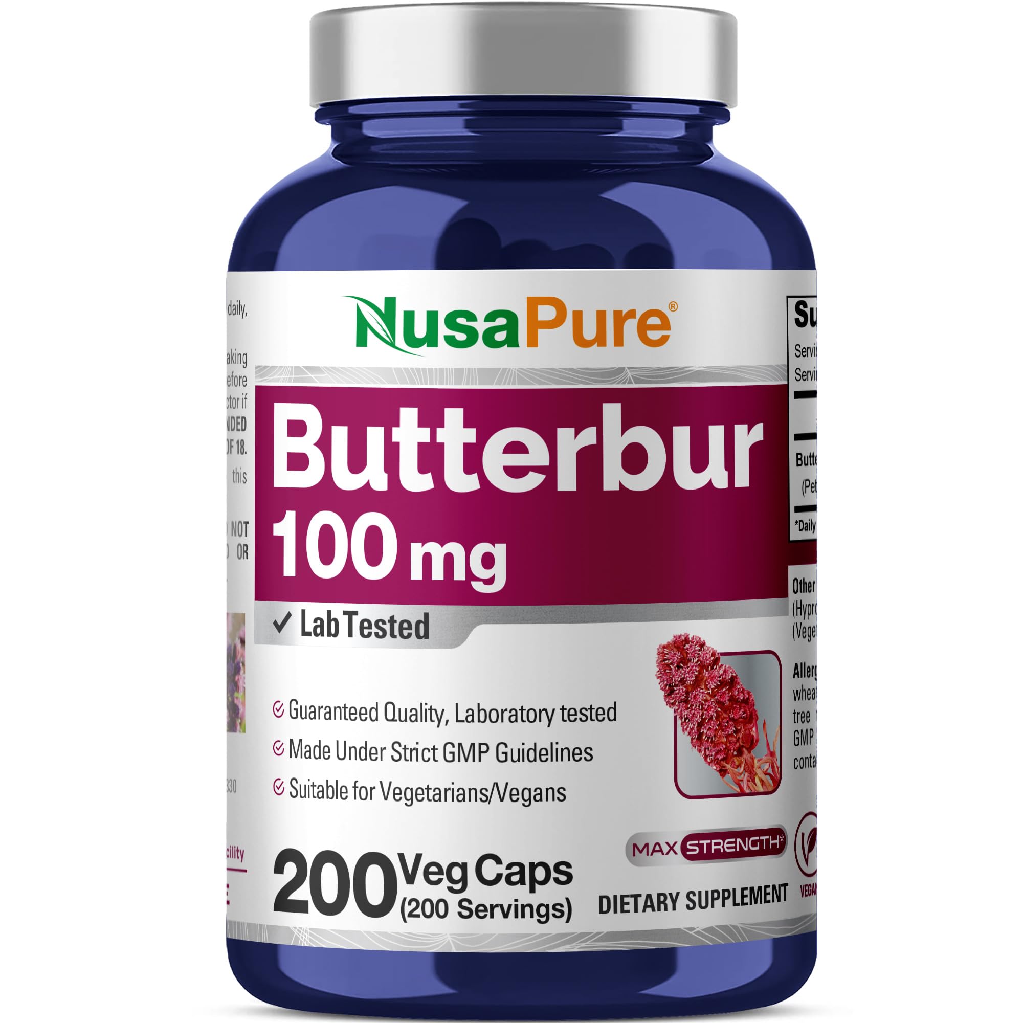 NusaPure Butterbur Extract 100mg per caps 200 Veggie Capsules (Non-GMO, Vegetarian, Vegan) NusaPure Au supplements