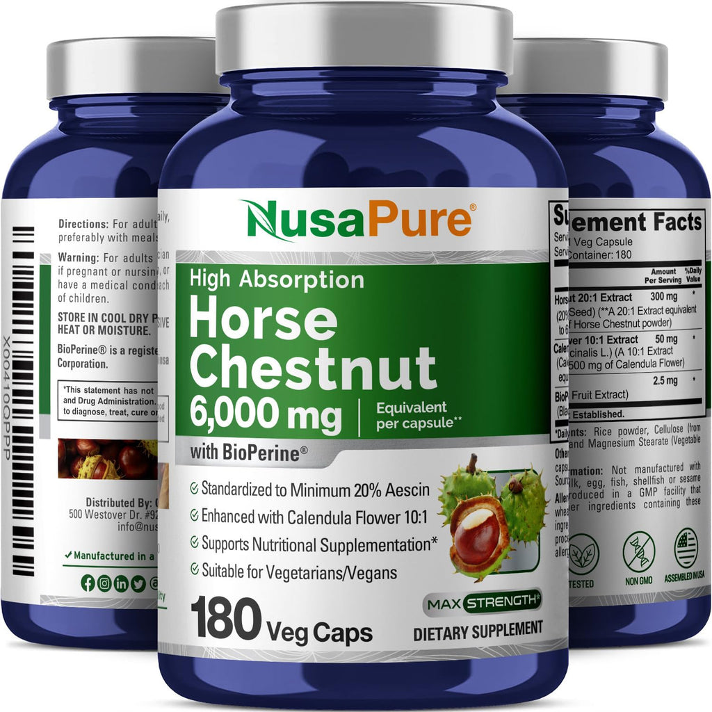 NusaPure Horse Chestnut 20:1 Extract, 300 mg Equivalent to 6,000mg 180 Veggie Caps Non-GMO, Vegan, BioPerine, Calendula Flower NusaPure Au supplements