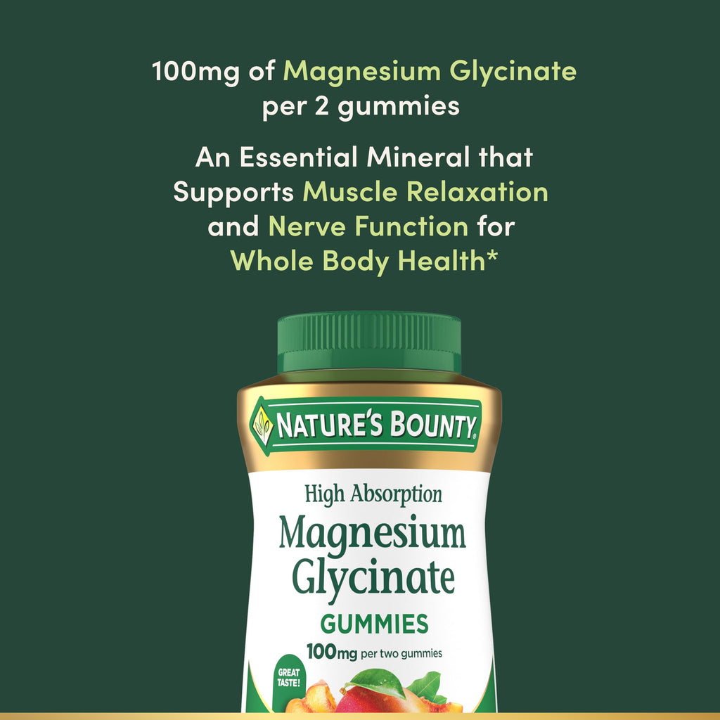 Nature’s Bounty High Absorption Magnesium Glycinate Gummies, 100 mg Magnesium Per Serving, Whole Body Health, No Stick Gummy, Peach Mango Flavor