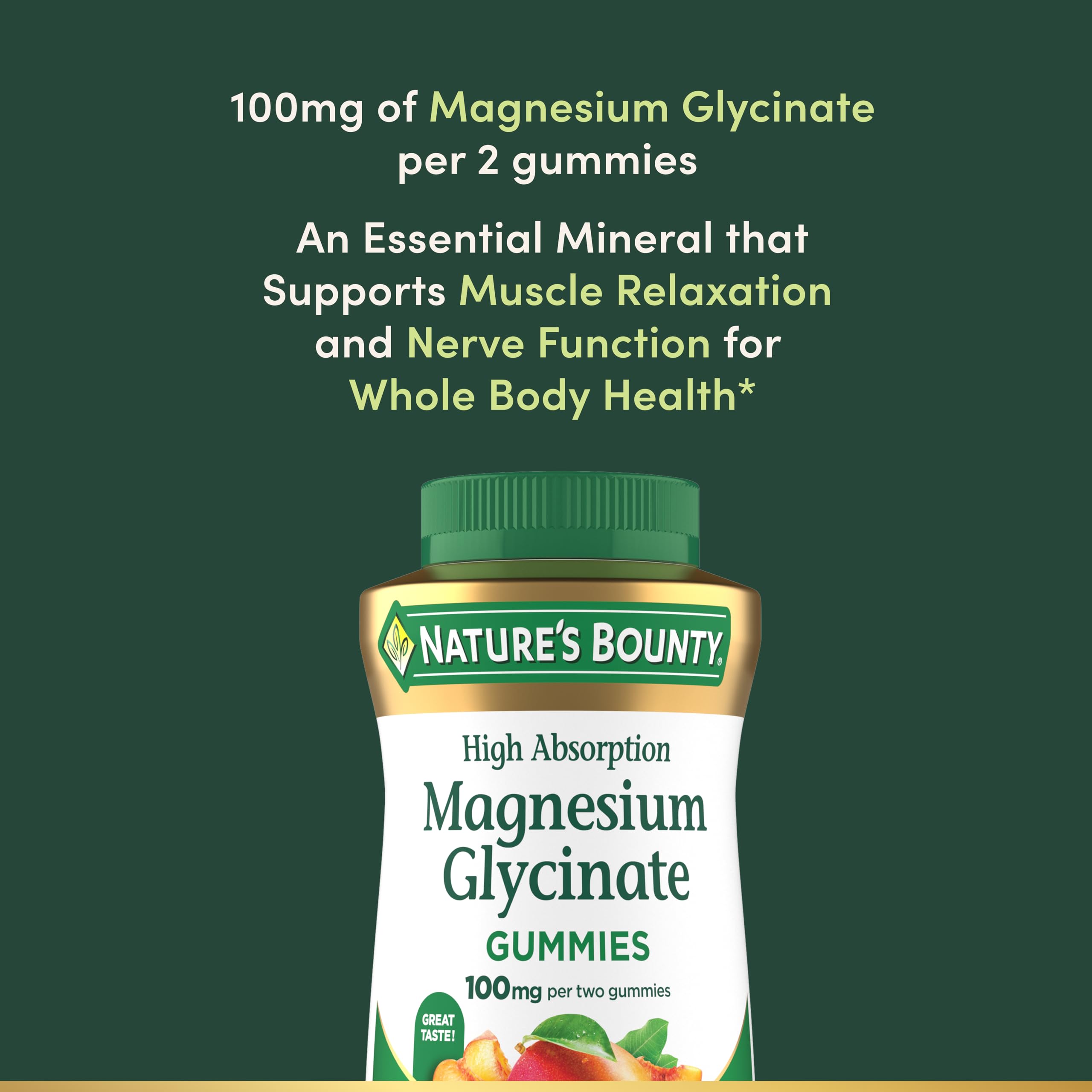 Nature’s Bounty High Absorption Magnesium Glycinate Gummies, 100 mg Magnesium Per Serving, Whole Body Health, No Stick Gummy, Peach Mango Flavor