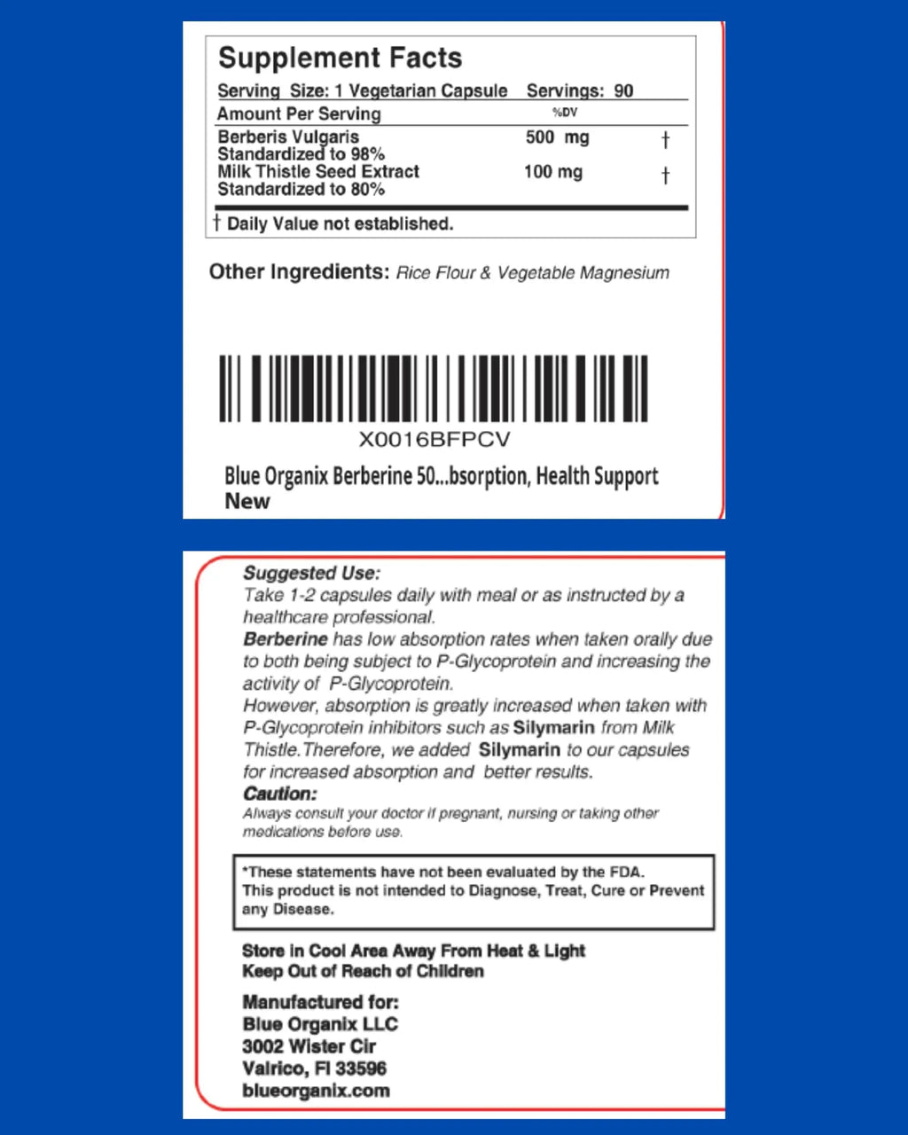 Blue Organix Berberine 500mg Formula HCL Complex Supplement with Silymarin Blue Organix Au supplements