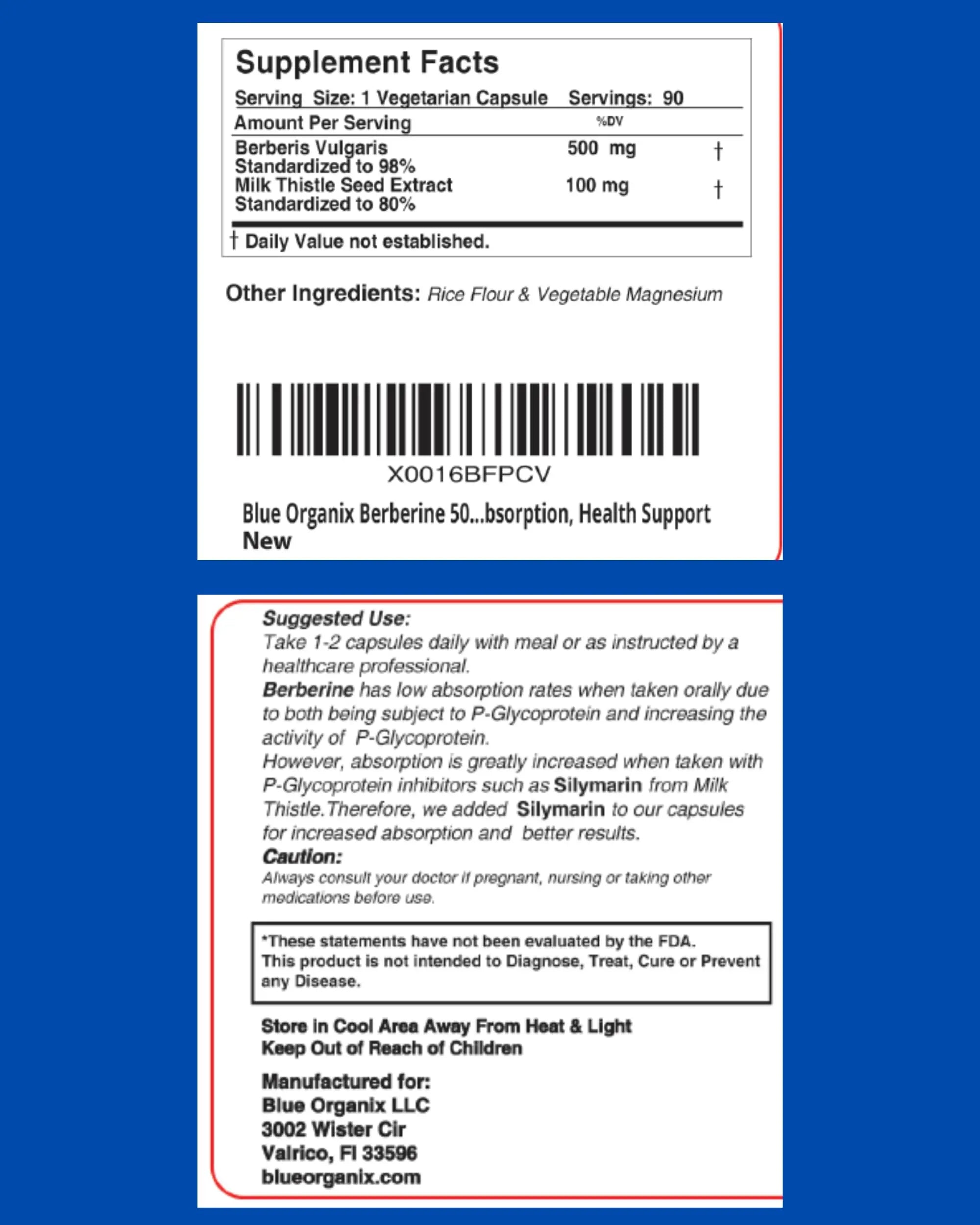 Blue Organix Berberine 500mg Formula HCL Complex Supplement with Silymarin Blue Organix Au supplements