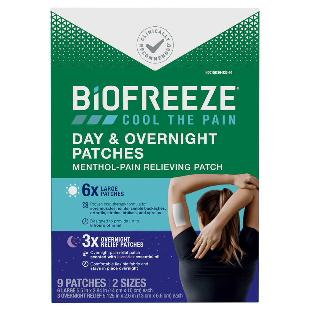 Biofreeze Day & Overnight Pain Relief Patches, Menthol Pain Patches for Arthritis & Muscle Pain Relief, Comfortable & Flexible Fabric Stays in Place, 9 Patches (6 Day, 3 Night) Biofreeze Au supplements