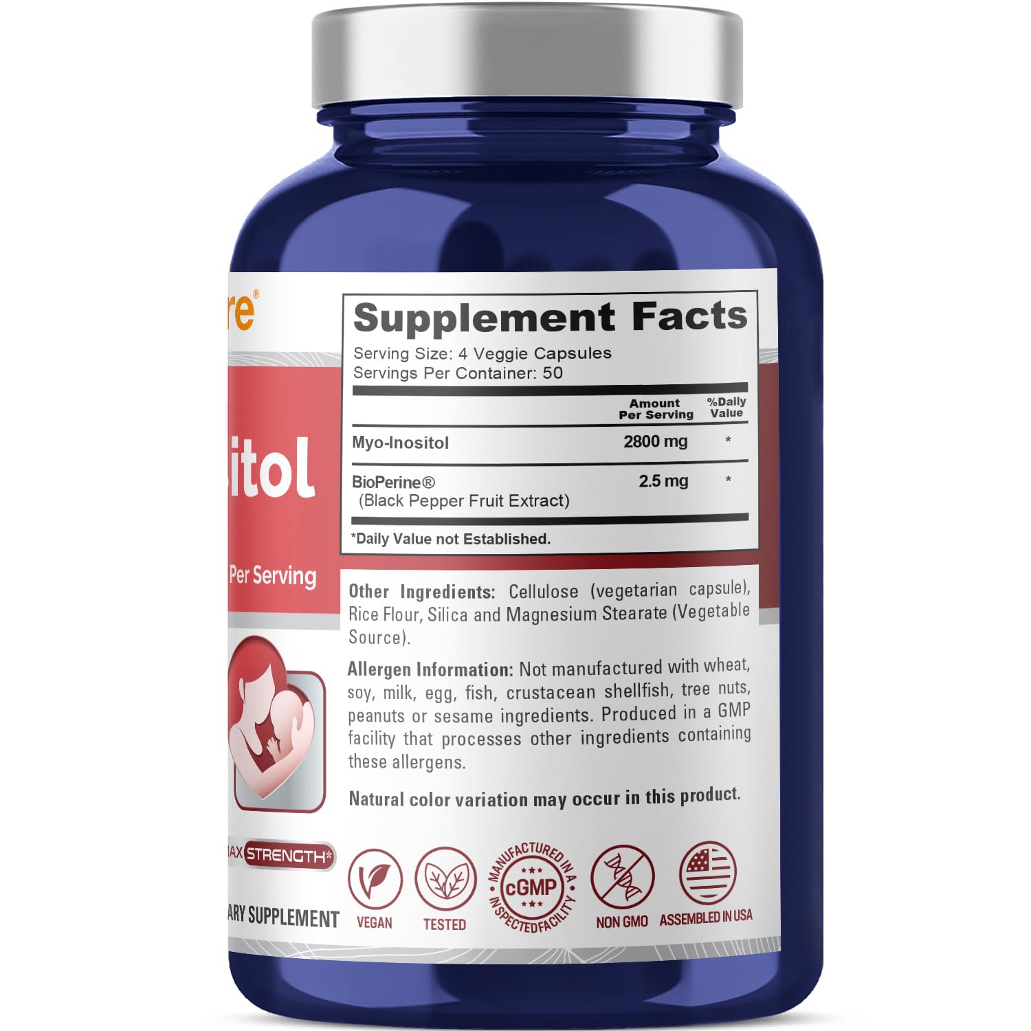 NusaPure Myo-Inositol - Suitable for Vegetarian/Vegan, Non - GMO - 2800mg, 200 Capsules NusaPure Au supplements