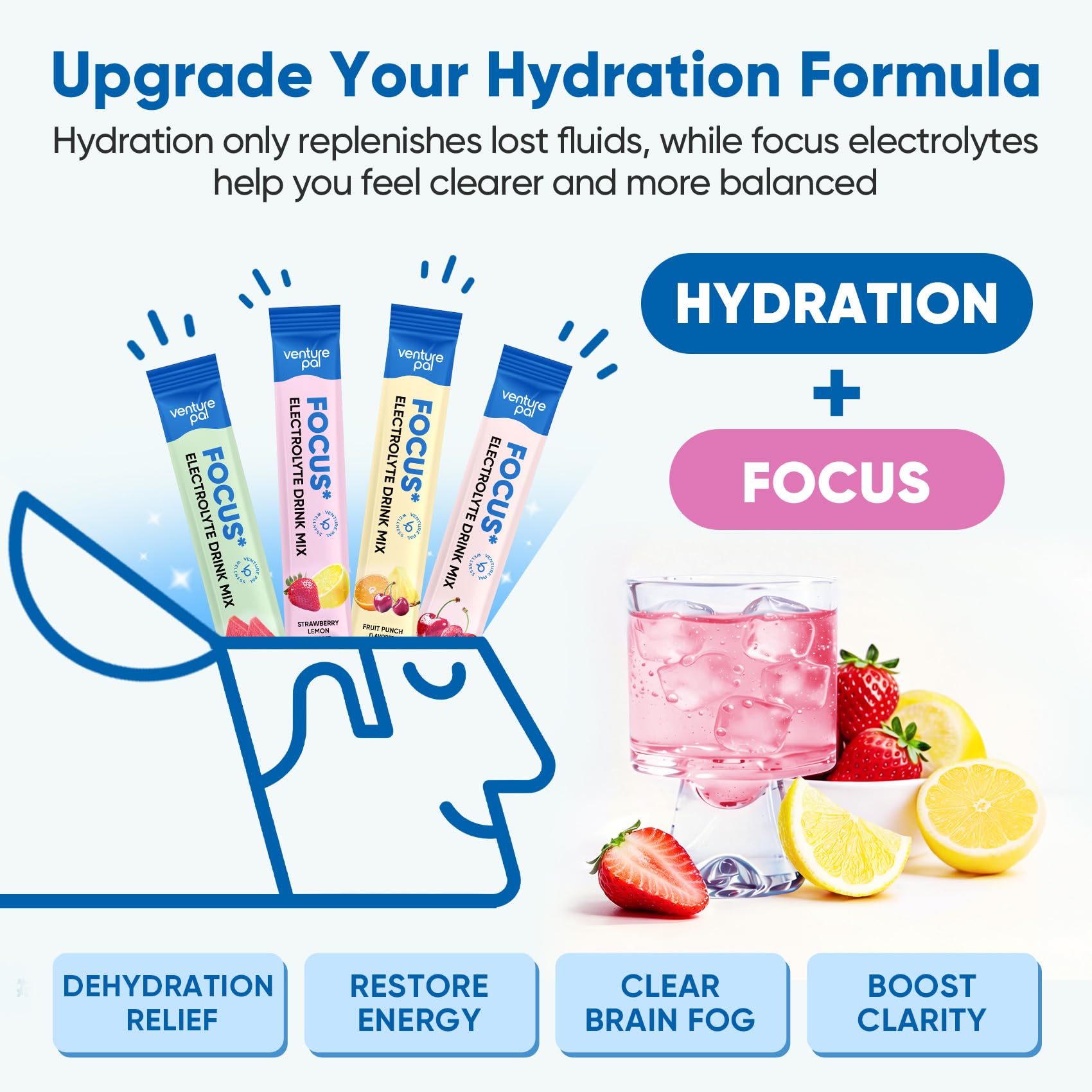 Venture Pal 2-in-1 Hydration Packets + Focus Support Electrolytes Powder, 7 Electrolytes + Vitamins, Magnesium, Lion's Mane & L-Theanine