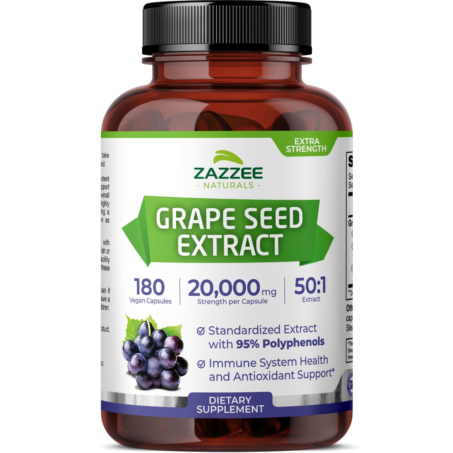 Zazzee High Strength Grape Seed 50:1 Extract, 180 Vegan Capsules, 95% Polyphenols, 400 mg per Capsule, 6 Month Supply, Antioxidant
