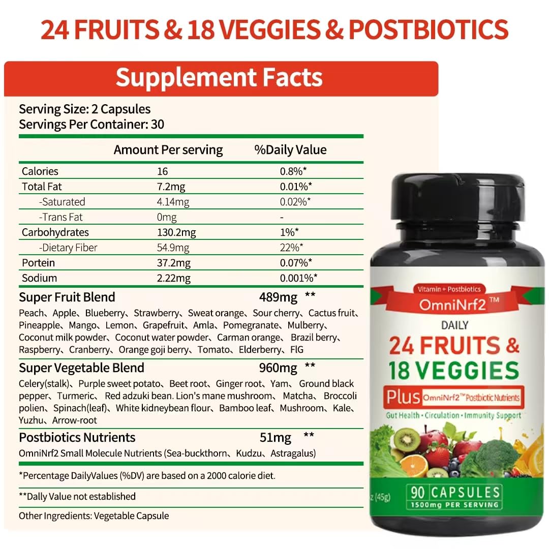 OmniNrf2 Postbiotic Supplement Capsules for Gut Health, Superfood with 24 Fruits & 18 Veggies & Fermented Herbal Plants, 90 Capsules for Antioxidant Support OmniNrf2 Au supplements