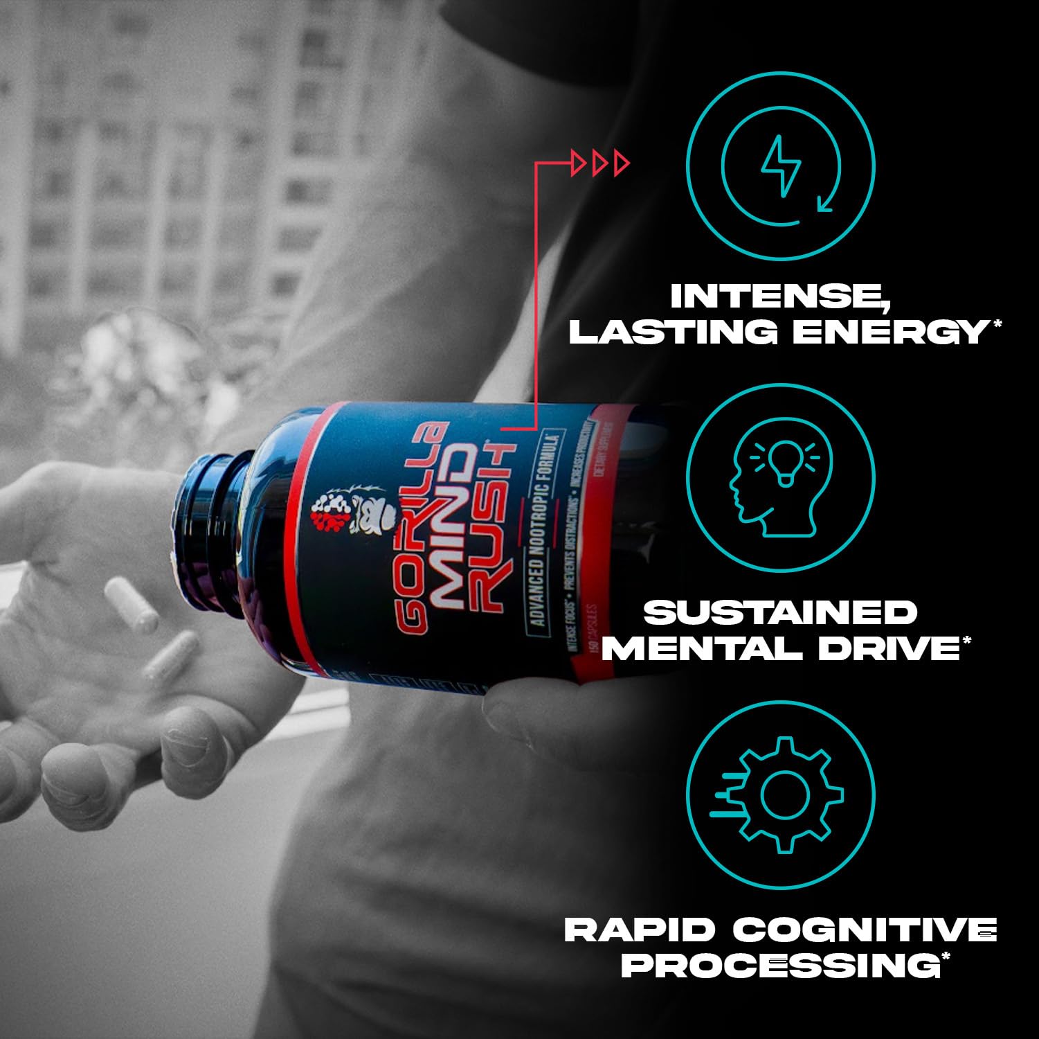 Gorilla Mind Rush - Nootropic Supplement | Intense Focus · Insane Productivity Cognitive Health Support, Memory, Focus,