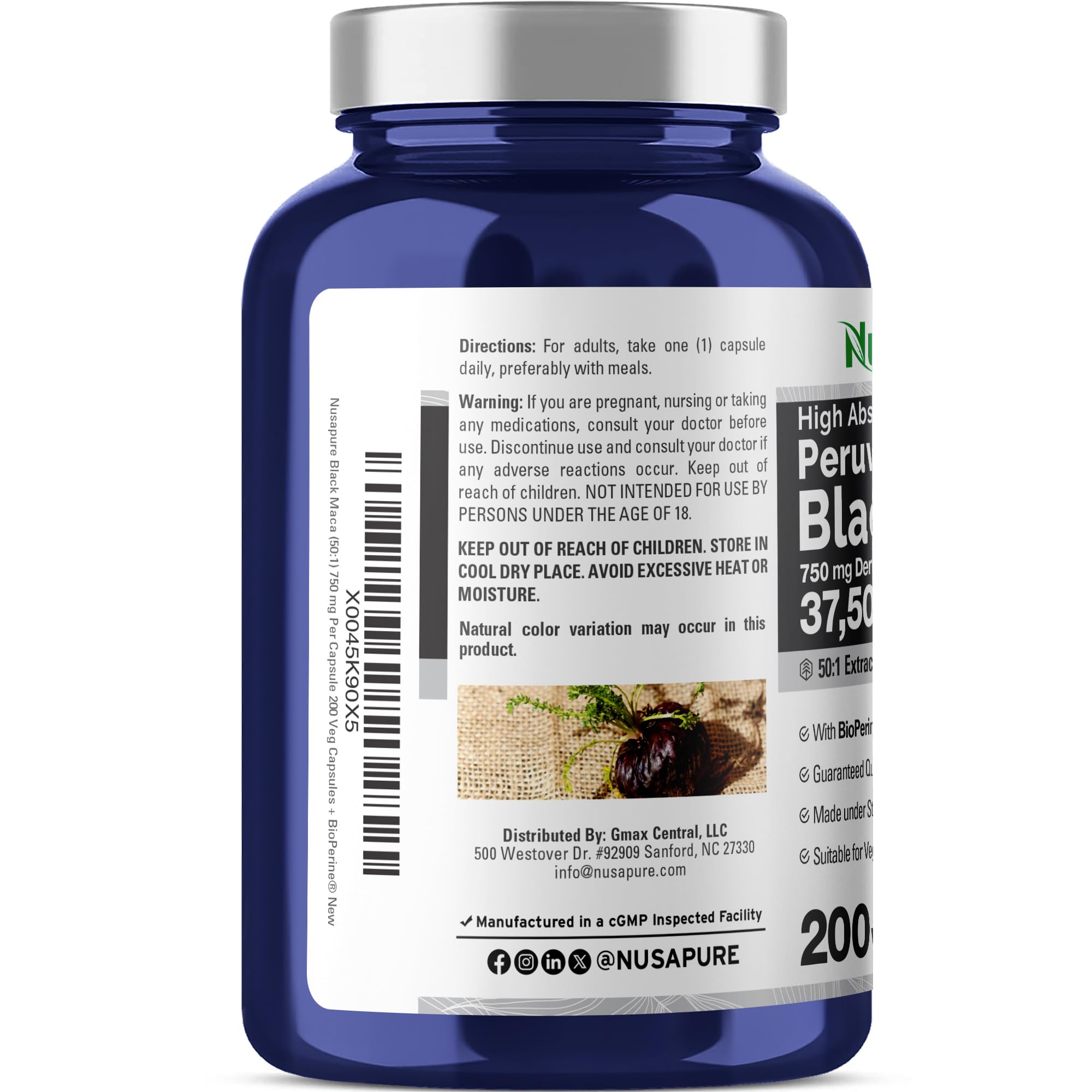 NusaPure Peruvian Black Maca Root Extract 50:1 - Suitable for Vegetarian/Vegan, Non - GMO - 37500 mg - 200 Capsules NusaPure Au supplements