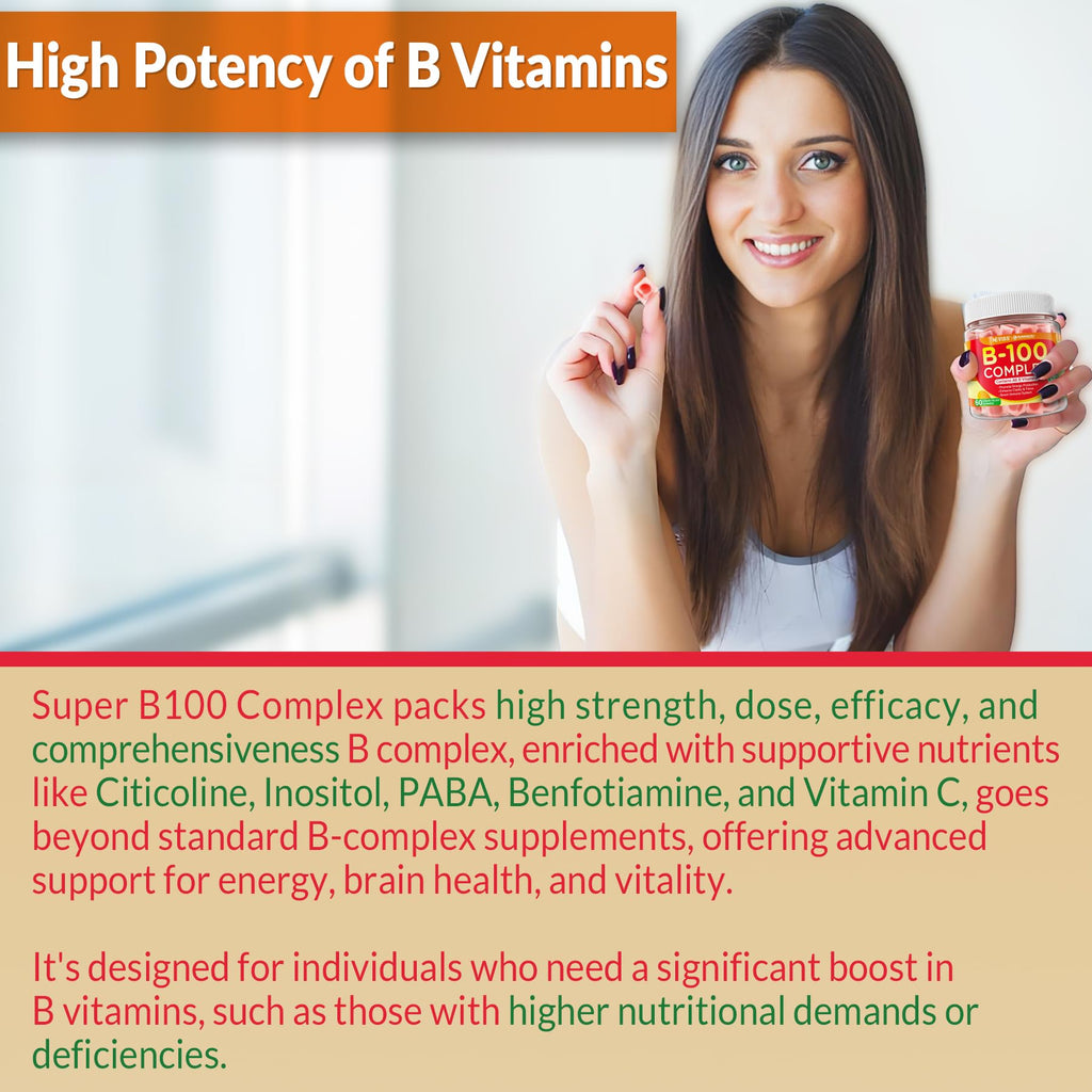 Super Vitamin B Complex Gummies - Methylated B Complex for Women & Men, All B Vitamins, Methyl B12, Methylfolate, Vitamin C, Choline, Inositol, PABA for Energy