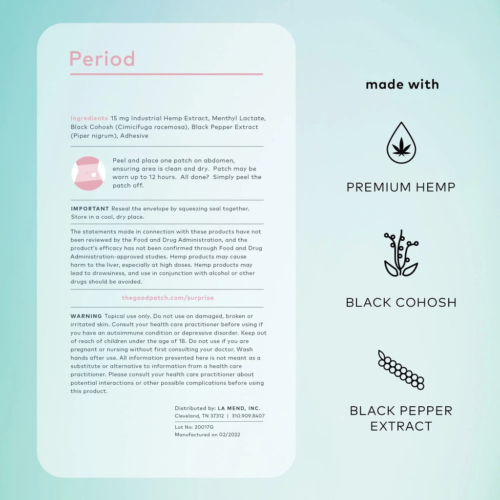 The Good Patch Period Patch with Hemp for Cramps, Sustained Release for up to 12 Hours, Natural Patch with Hemp, Black Cohosh, Plant Powered Wearable Wellness (16 Total Patches) The Good Patch Au supplements