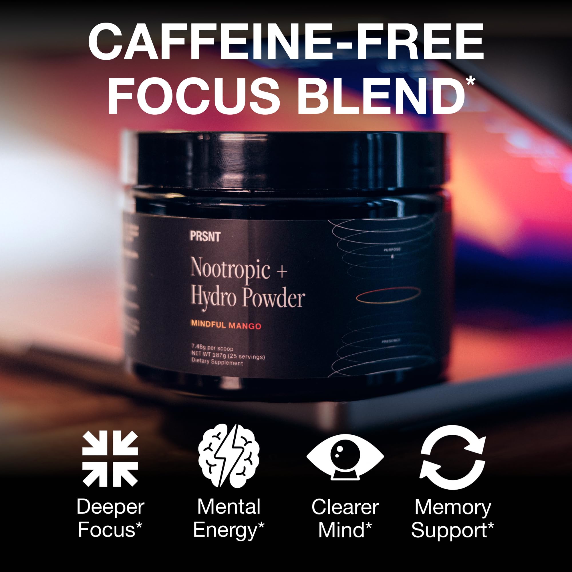 PRSNT Nootropic Focus Powder | Mango 25 Servings | Caffeine-Free, Sugar-Free | Supports Focus, Energy, Mental Clarity | Nootropic + Electrolytes Hydration Focus Drink Mix PRSNT Au supplements