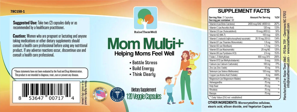 Raise Them Well Mom Multi+ Daily Multivitamin for Women with Active Folate, Adaptogens & Bacopa, Energy, Stress & Cognitive Support, 120 Veggie Capsules Raise Them Well Au supplements