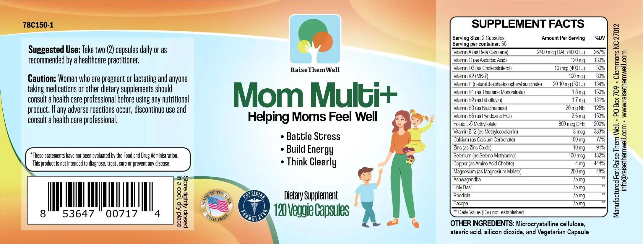 Raise Them Well Mom Multi+ Daily Multivitamin for Women with Active Folate, Adaptogens & Bacopa, Energy, Stress & Cognitive Support, 120 Veggie Capsules Raise Them Well Au supplements
