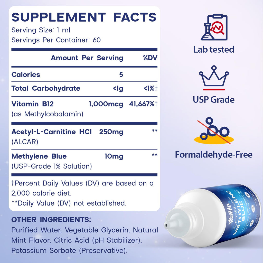 Methylene Blue Drops for Humans, 1% USP Grade – Dropper-Free No-Touch Bottle, Brain Supplement for Memory and Focus – Fast-Acting Nootropic with Methyl B12 & ALCAR – Caffeine-Free, Mint Flavor, 2oz YLVARIN THORIA Au supplements