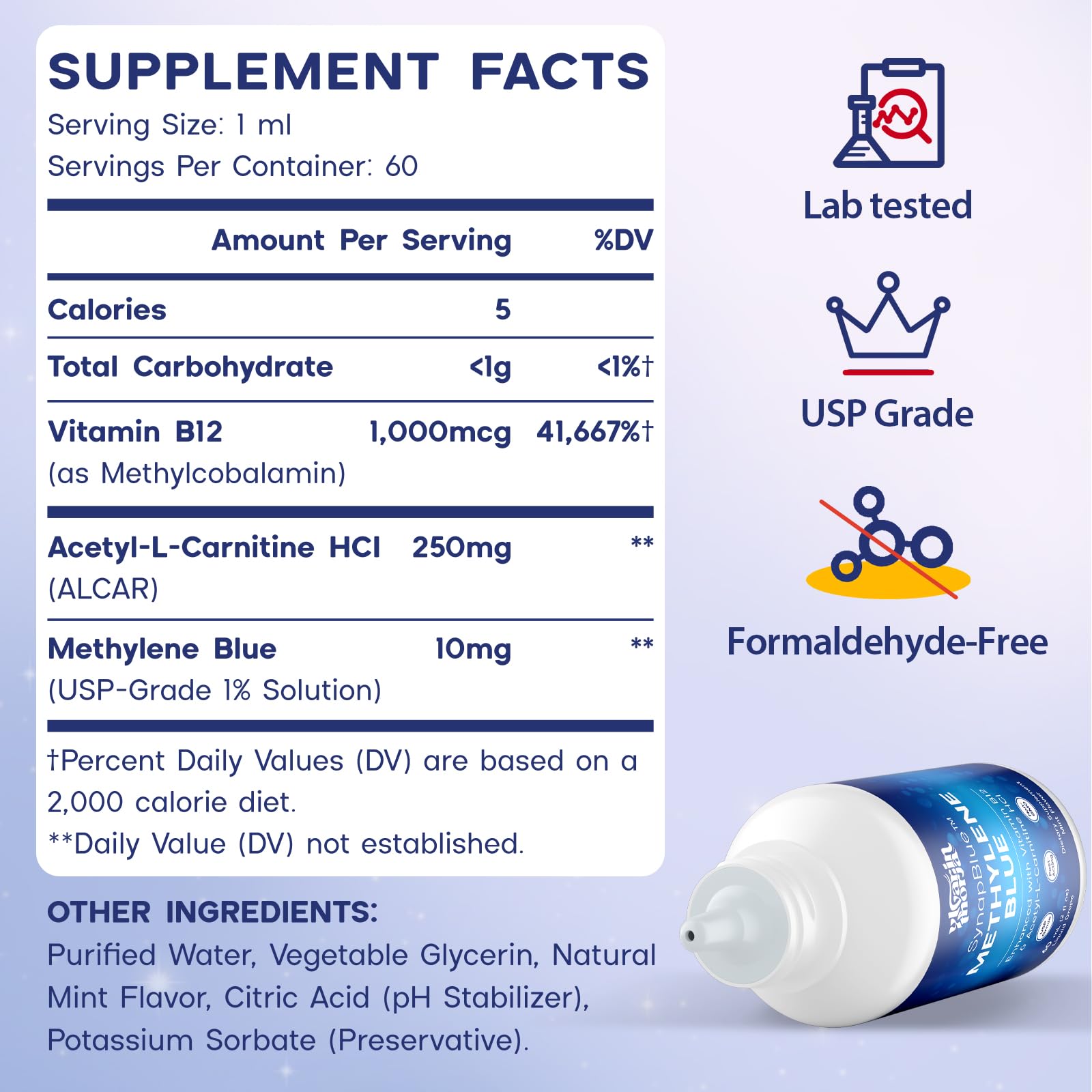 Methylene Blue Drops for Humans, 1% USP Grade – Dropper-Free No-Touch Bottle, Brain Supplement for Memory and Focus – Fast-Acting Nootropic with Methyl B12 & ALCAR – Caffeine-Free, Mint Flavor, 2oz YLVARIN THORIA Au supplements