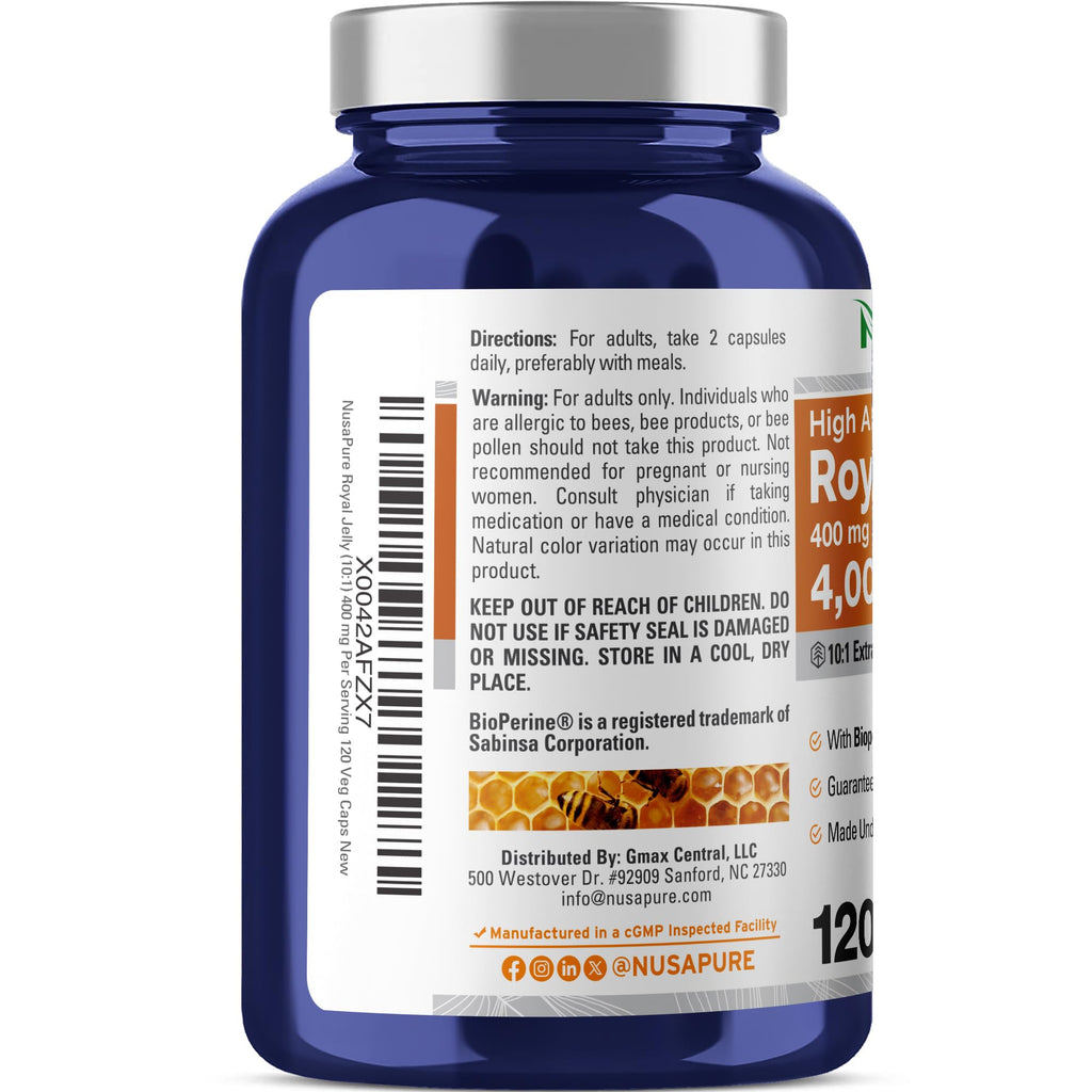 NusaPure Royal Jelly 10:1 Extract, 400 mg Equivalent to 4000mg - 120 Veggie Capsules (Non-GMO, Dairy Free, Dietary Supplement) NusaPure Au supplements