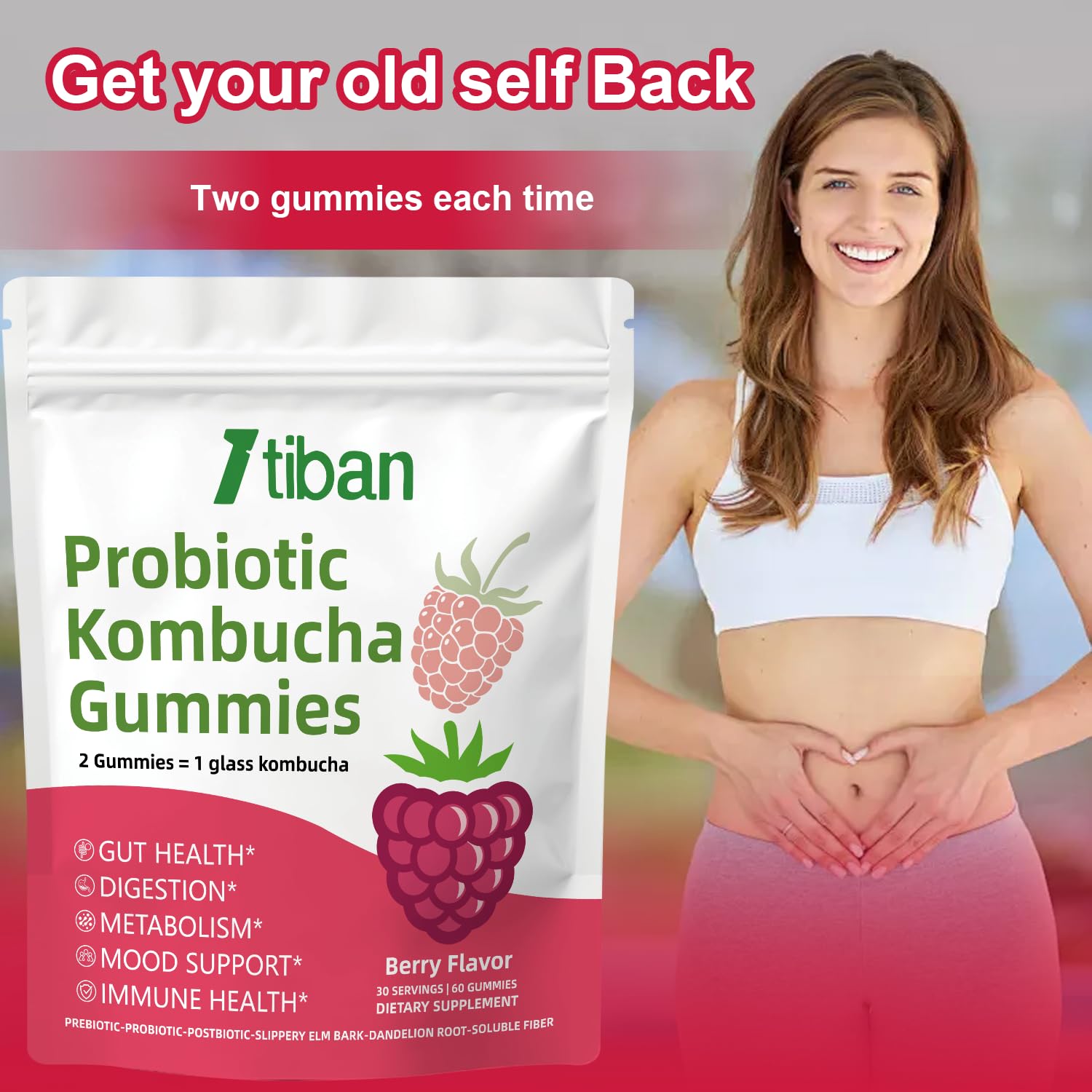 Itiban Probiotic Kombucha Gummy - Prebiotics, Probiotics, Postbiotics, Fiber Supplement, Slippery Elm for Bloating, Gut Health, Women and Men, 60ct Itiban Au supplements