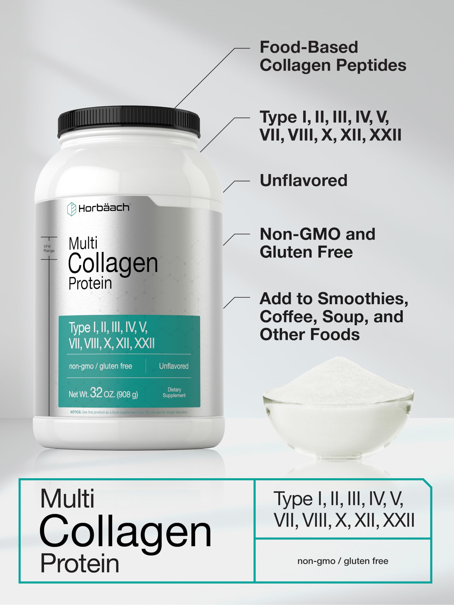 Horbaach Multi Collagen Protein Powder 32 oz | Types I, II, III, IV, V, VII, VIII, X, XII, and XXII | Grassfed Collagen Peptides