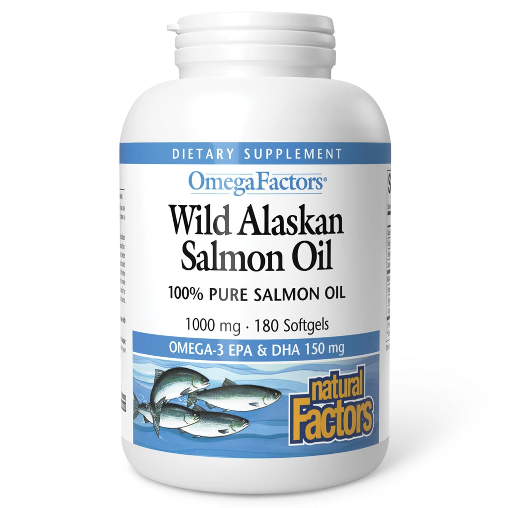 Natural Factors Wild Alaskan Salmon Oil Provides Omega-3, EPA, DHA & Vitamin D, Supports Brain & Heart Health, 180 Softgels