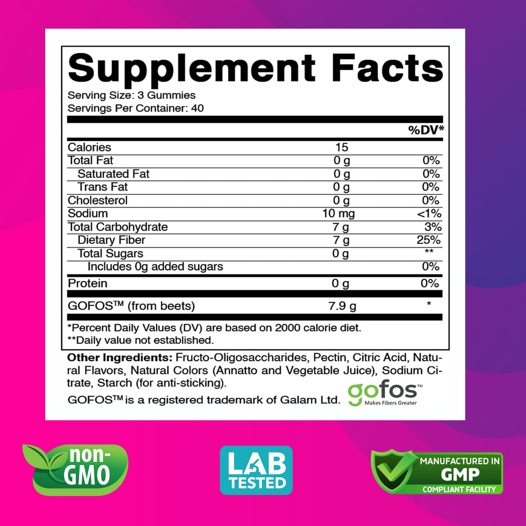 Vitabod Fiber Gummies 7G Per Serving for Digestive Health & Regularity, Prebiotic GOFOS™ Plant-Based Fiber, No Sugar Added, Vegan, Berry Peach Strawberry, 120 Gummies (Adults, Women & Men)