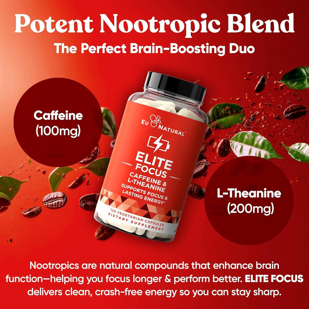 Eu Natural Elite Caffeine Pills with L-Theanine - 100mg Caffeine + 200mg L-Theanine - Jitter-Free Focused Energy & Clean Nootropic Stack - 240 Soft Capsules Eu Natural Au supplements