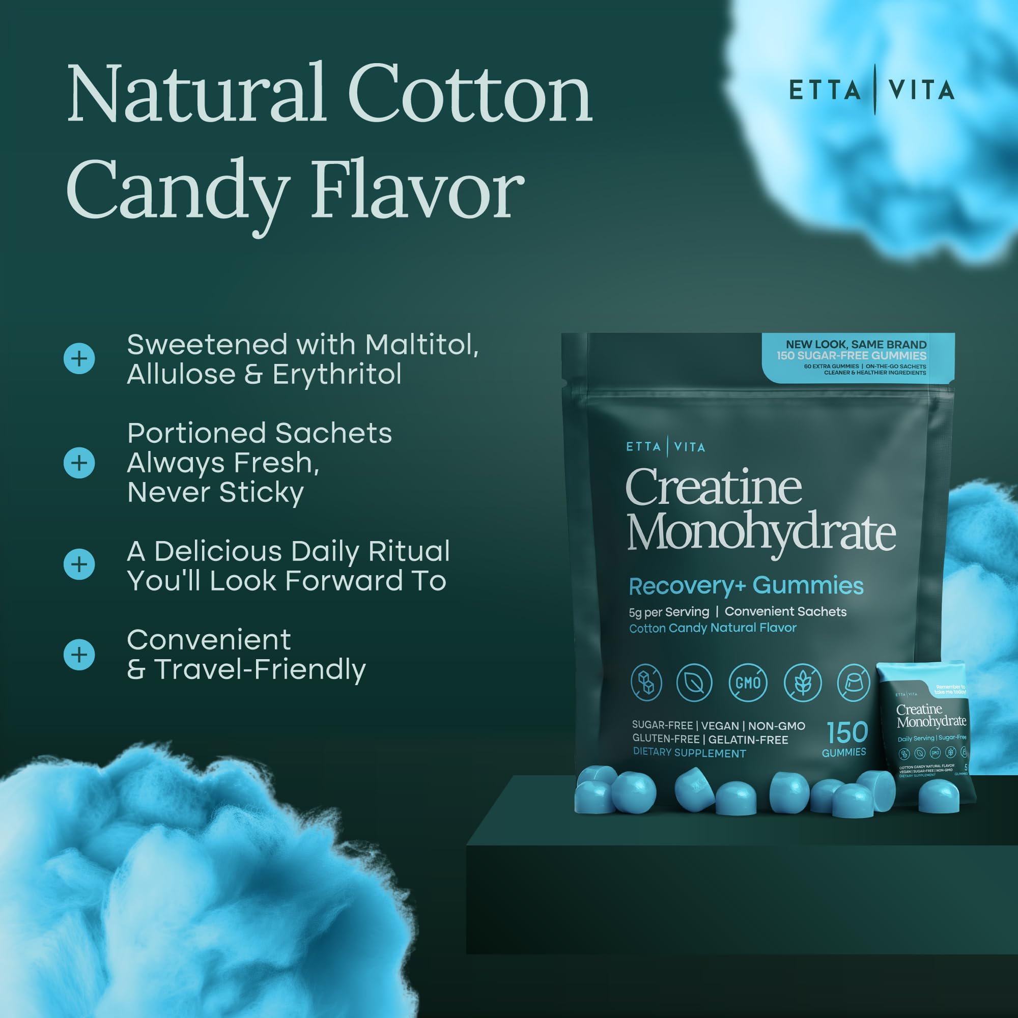 Sugar-Free Creatine Monohydrate Gummies (5g Per Packet) - Potent Creatine Gummies for Men & Women, Supplement for Muscle Support, Cognitive Function - Non-GMO, Gluten-Free, Mucuna Pruriens Etta Vita Au supplements