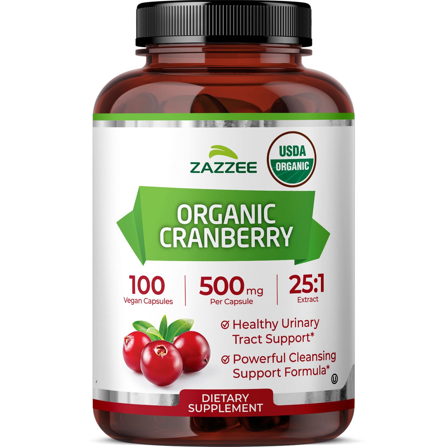 Zazzee USDA Organic Cranberry 25:1 Extract, 500 mg per Capsule, 100 Vegan Capsules, 3+ Month Supply, Certified Kosher, Vaccinium Macrocarpon, Urinary Tract & Bladder Support
