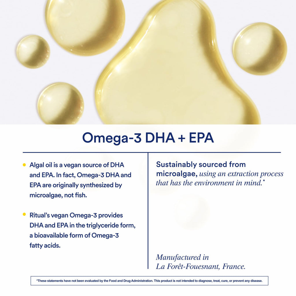 Ritual Vegan Omega 3 Supplement - Science-Backed Dose of DHA and EPA - Bioavailable Omega-3 from Algae Oil - Brain, Heart, and Eye Health Support