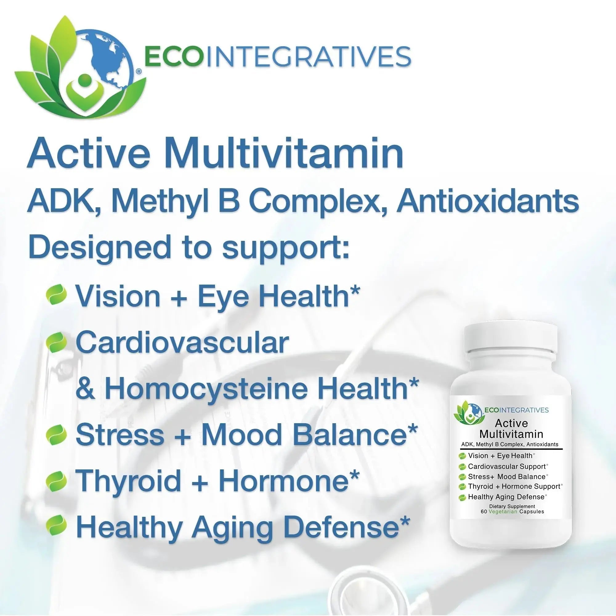EcoIntegratives Active Multivitamin | ADK, Methyl B Complex, Antioxidants | Quatrefolic Folate, Methyl B12, P5P, Vitamin D3, K1/K2 | EcoIntegratives Au supplements