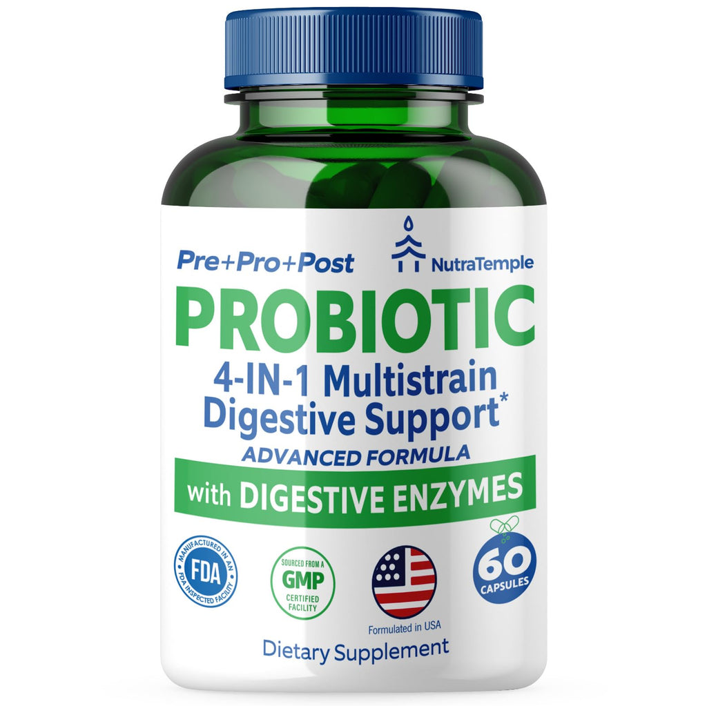 NUTRATEMPLE 4 in 1 Pre Post Probiotics & Digestive Enzymes for Women & Men - Digestive Health, Gut & Immune Support for Occasional Constipation, Diarrhea, Gas & Bloating – 60 Veggie Capsules NUTRATEMPLE Au supplements