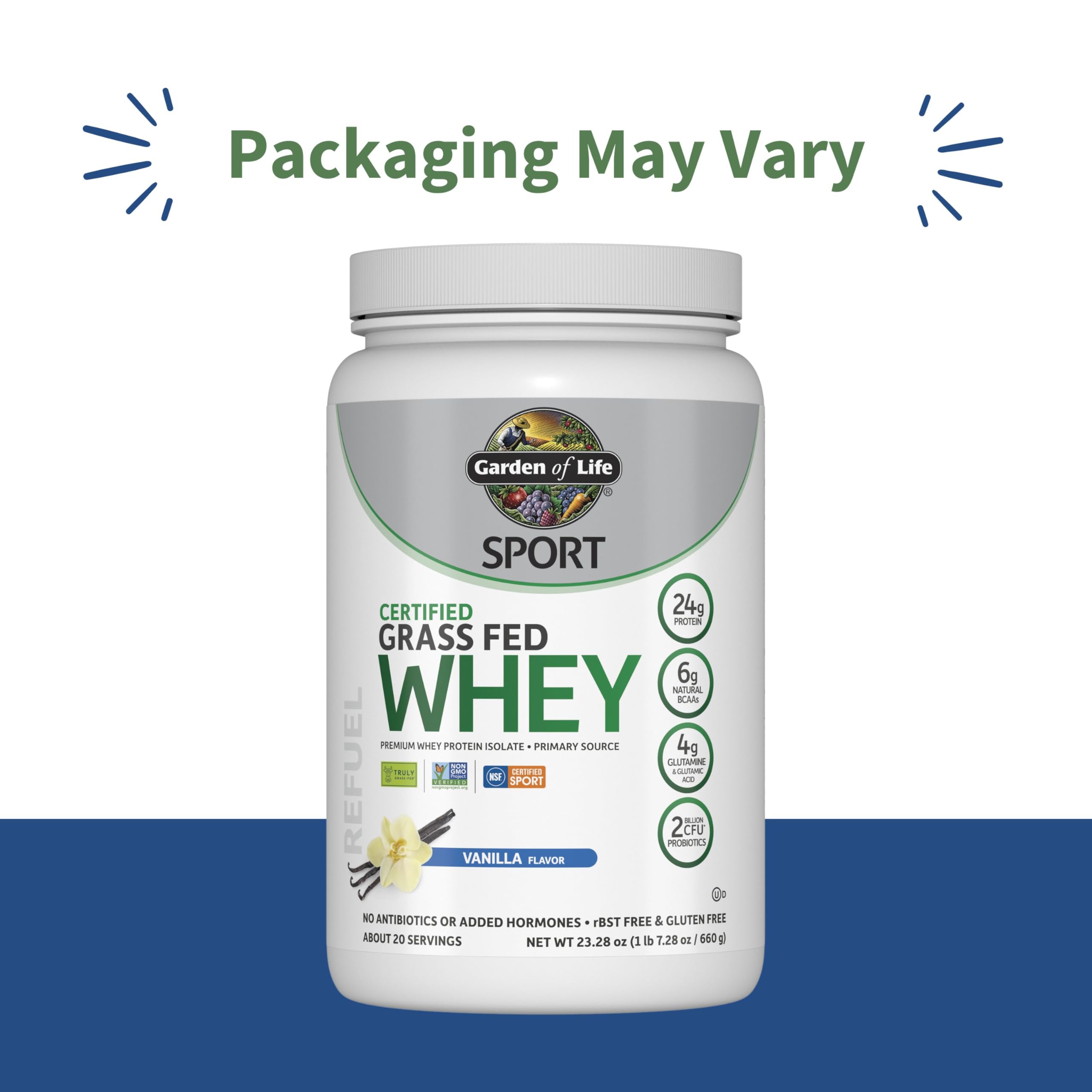 Garden of Life Sport Grass Fed Whey Protein Powder – 24g Whey Protein Isolate for Women & Men with Probiotics & Glutamine, Non-GMO, Gluten-Free, Cold-Processed, Vanilla Flavor, 20 Servings