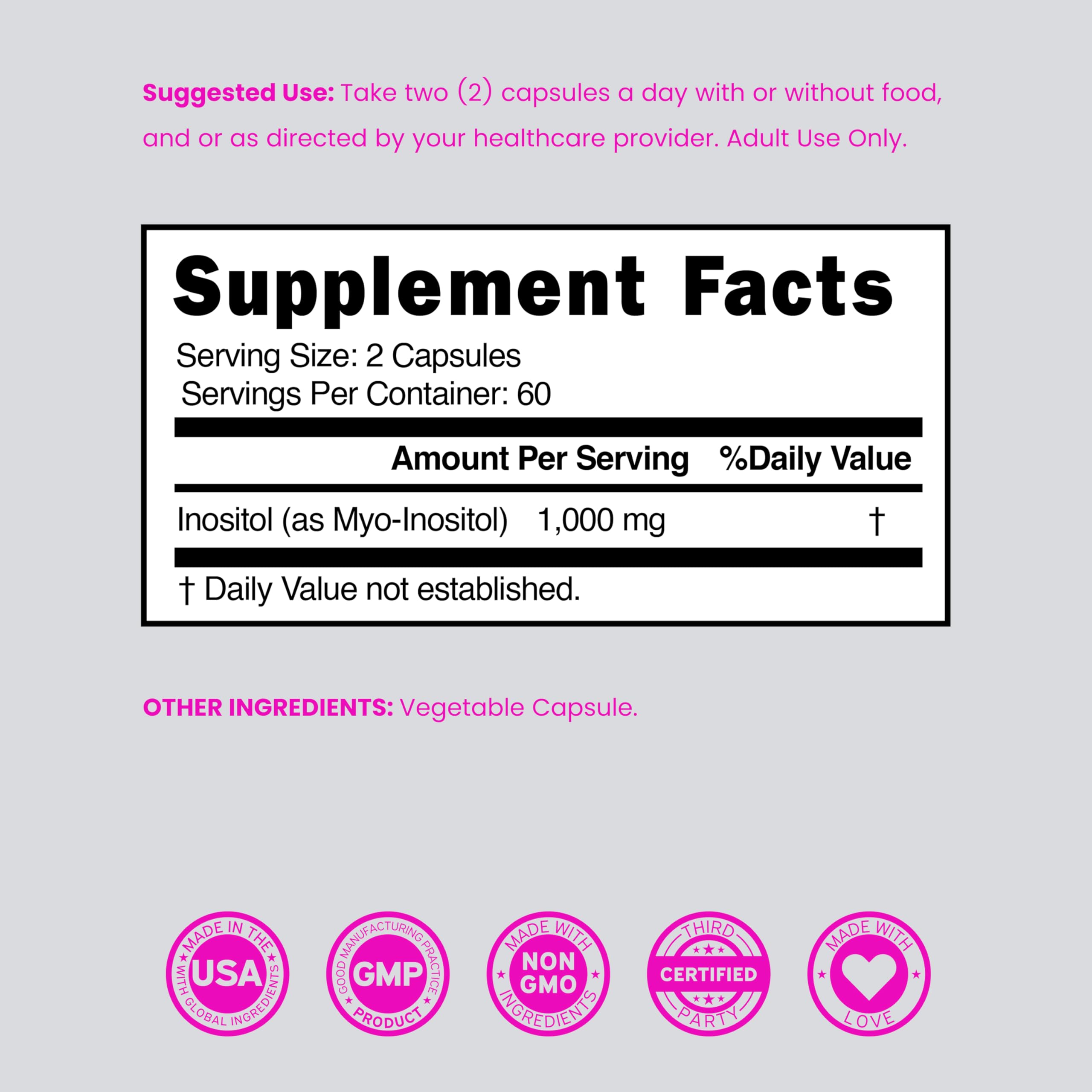 Inositol Capsules (Myo Inositol) (1000mg Per Serving 120 Capsules) Myo Inositol Supplement for Women Hormone Balance Support - Vegan Safe - Third Party Tested - Gluten Free & Made in USA (120 Count) DORADO NUTRITION Au supplements