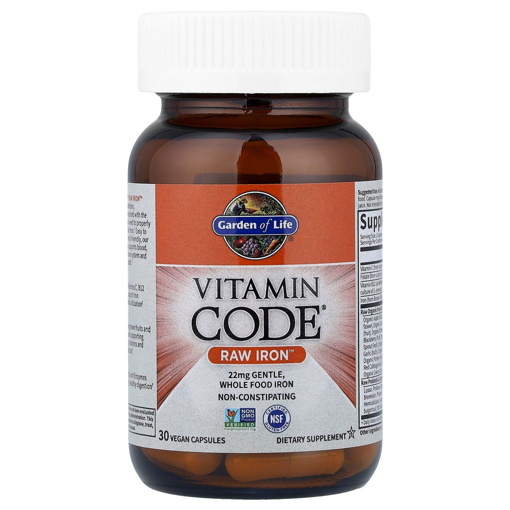 Garden of Life Vitamin Code Raw Iron Supplement - 30 Vegan Capsules, 22mg Once Daily Iron, Vitamins C, B12, Folate, Fruit, Veggies & Probiotics, Iron Supplements for Women