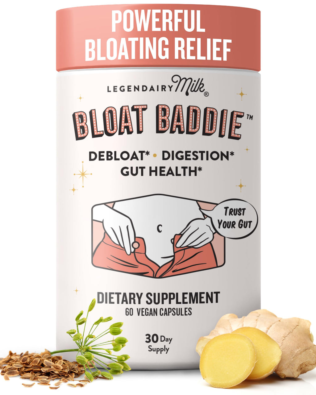Legendairy Milk Digestive Enzymes for Women, Probiotics for Digestive Health, Gut Health Supplements, Bloating Relief for Women, Debloat Gas Relief w/Ginger & Fennel Bloat Baddie 60 Capsules Legendairy Milk Au supplements