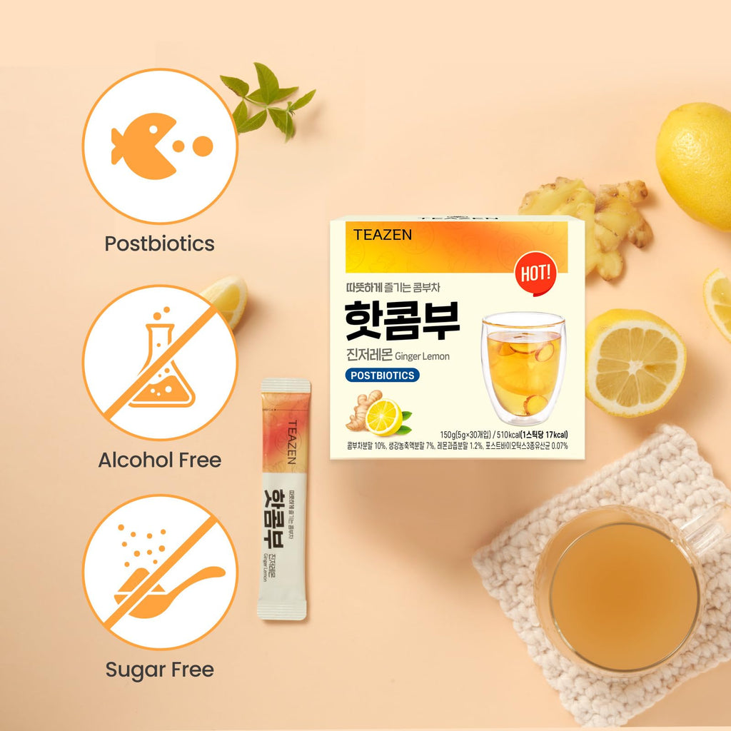 TEAZEN Lemon Ginger Hot Kombucha Tea, Live Probiotics & Postbiotics, Relaxation and Warmth for Colds and Sore Throat, Hydration Drink Mix, Sugar Free, 30 Sticks, 5.29oz TEAZEN Au supplements