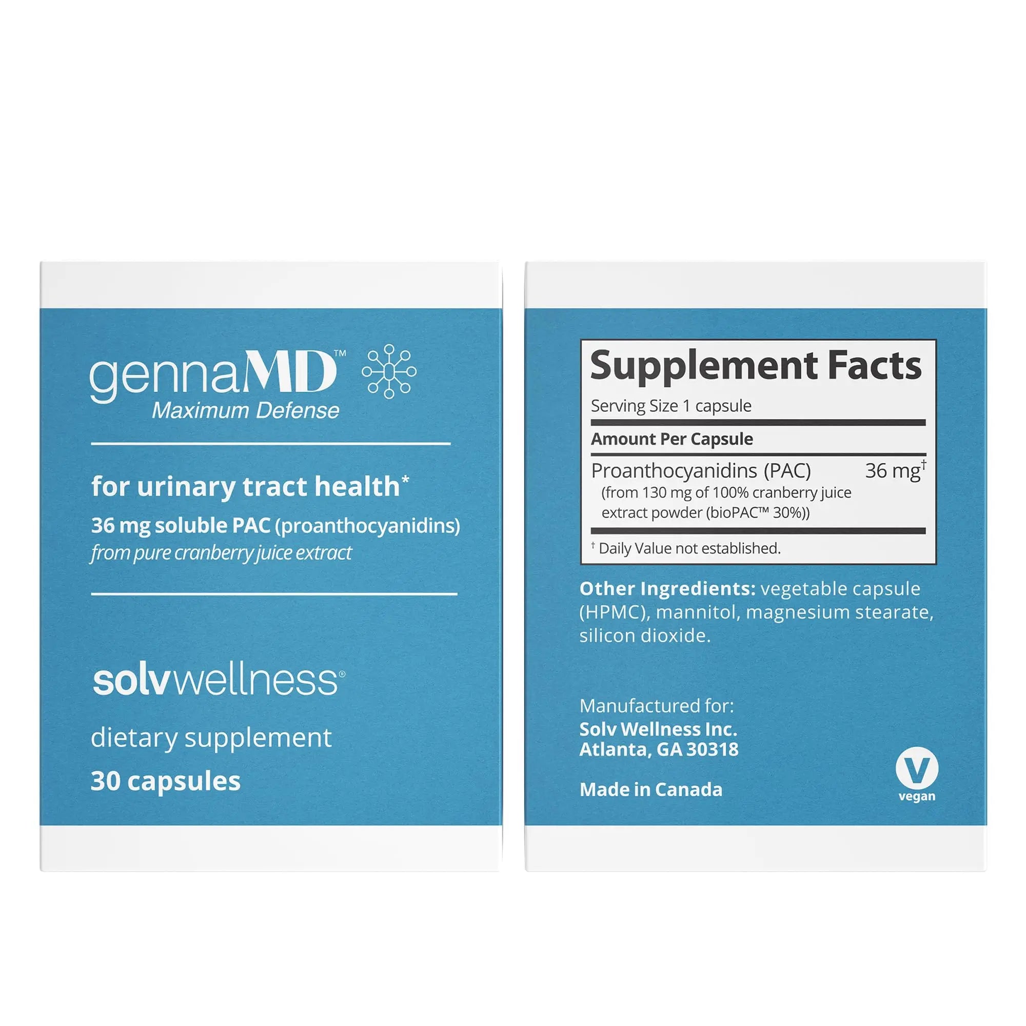 Solv Wellness GennaMD - Maximum UTI Defense - 36 mg Soluble PAC from 100% Cranberry Juice Extract - Highest PAC Concentration in a Small, Easy-to-Swallow Capsule - 30 Capsules Solv Wellness Au supplements