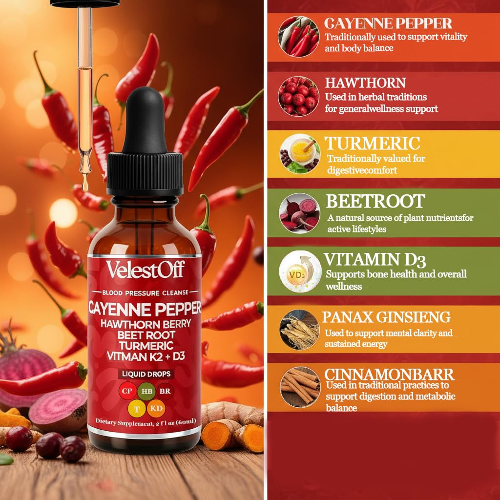Velestoff Cayenne Pepper Drops Supplement Liquid, Onaise Cayenne Drops - Cayenne Pepper, Hawthorn Berry, Beet Root, Turmeric, Vitamin K2+d3, Immune Support, Energy Boost, 2 fl. oz. LANZF Au supplements