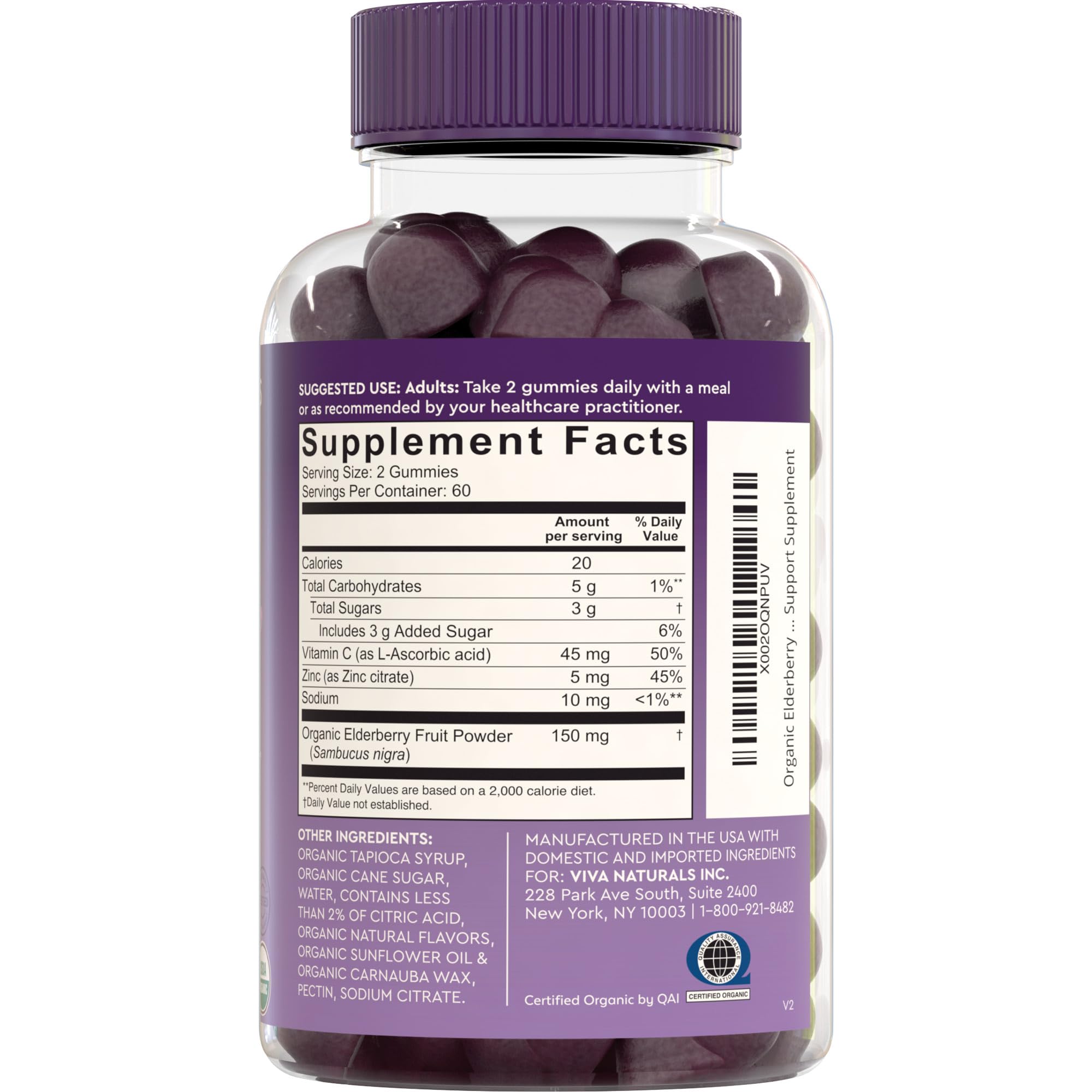 Viva Naturals Sambucus Elderberry Gummies for Adults - 150mg Black Elderberry Vitamin C and Zinc, 3-in-1 Daily Immune Support Gummies, Raspberry Rush Flavor