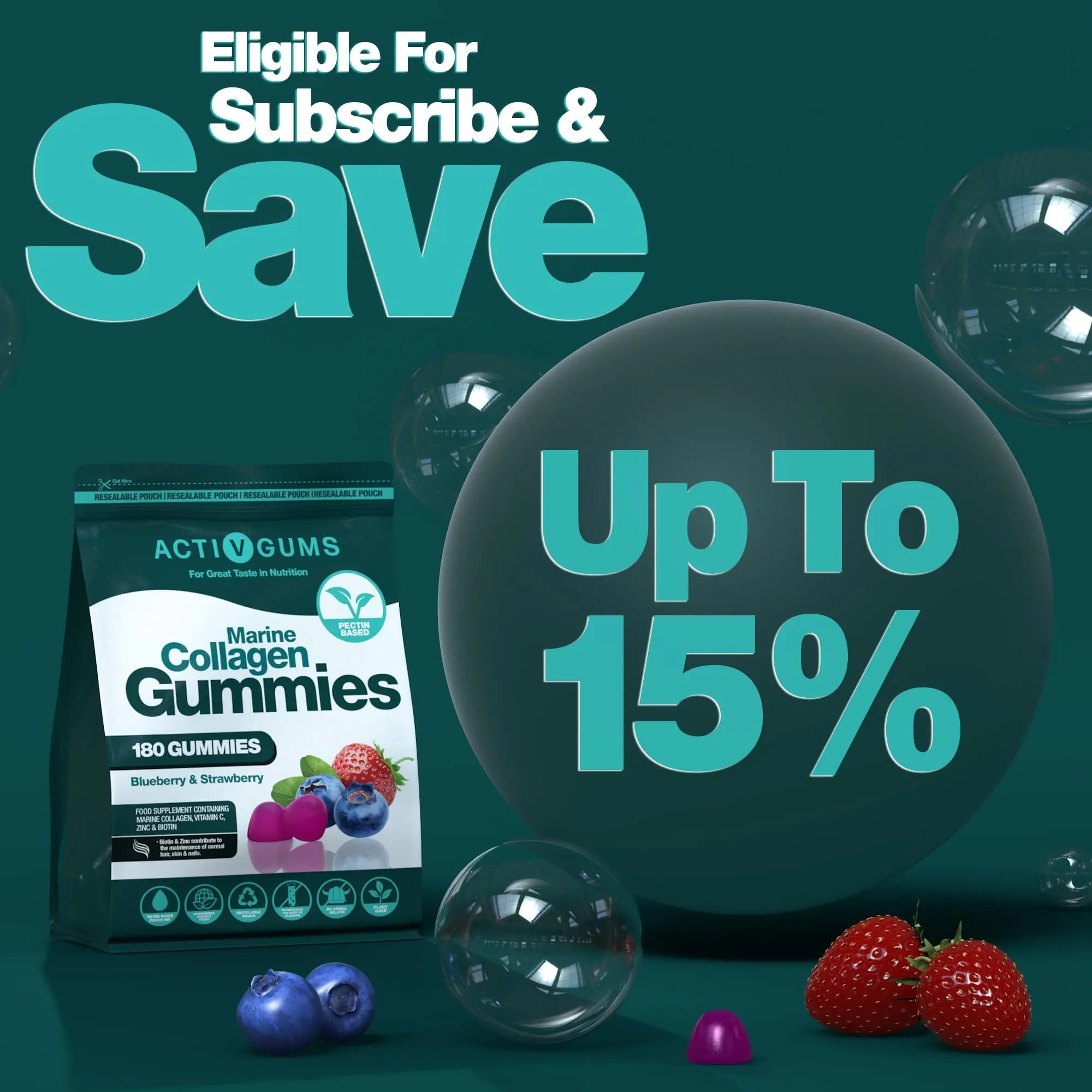 Marine Collagen Complex 180 Gummies. Strawberry & Blueberry Flavour. Resealable & Recyclable Pouch. Contains Marine Collagen, Vitamin C Activ Gums Au supplements